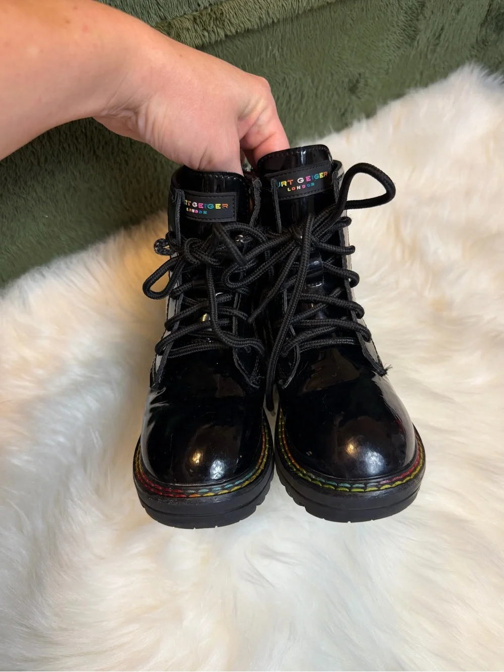Kurt Geiger London Kids Mini Birdie Black Patent & Rainbow Combat Boots Size 10C